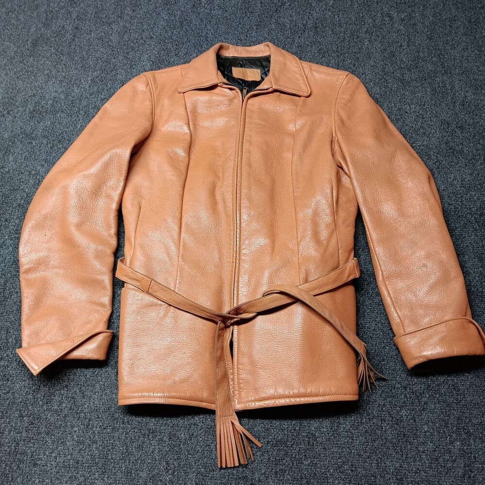 Leather Quilted Jacket Women Small Brown Belted Full Zip‎ Unbranded